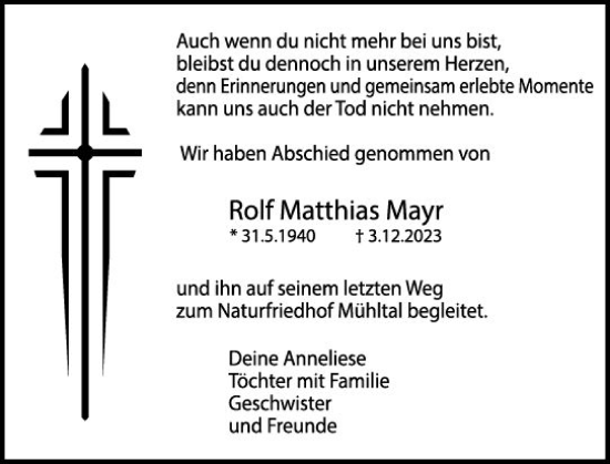 Traueranzeige von Rolf Matthias Mayr von Darmstädter Echo
