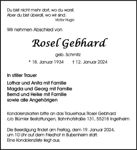 Traueranzeige von Rosel Gebhard von Allgemeine Zeitung Bingen/Ingelheim