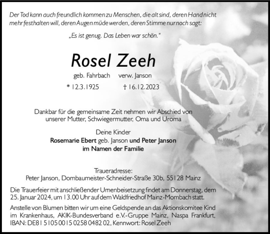 Traueranzeige von Rosel Zeeh von Allgemeine Zeitung Mainz