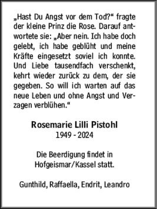 Traueranzeige von Rosemarie Lilli Pistohl von Darmstädter Echo