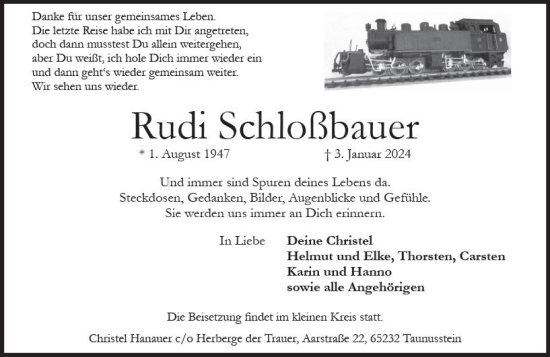 Traueranzeige von Rudi Schloßbauer von Wiesbadener Kurier