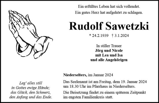 Traueranzeige von Rudolf Sawetzki von Camberger Anzeiger