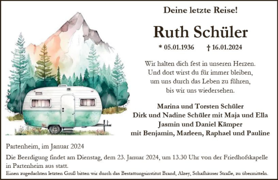 Traueranzeige von Ruth Schüler von Allgemeine Zeitung Alzey