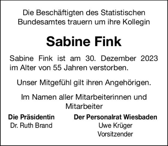 Traueranzeige von Sabine Fink von Wiesbadener Kurier