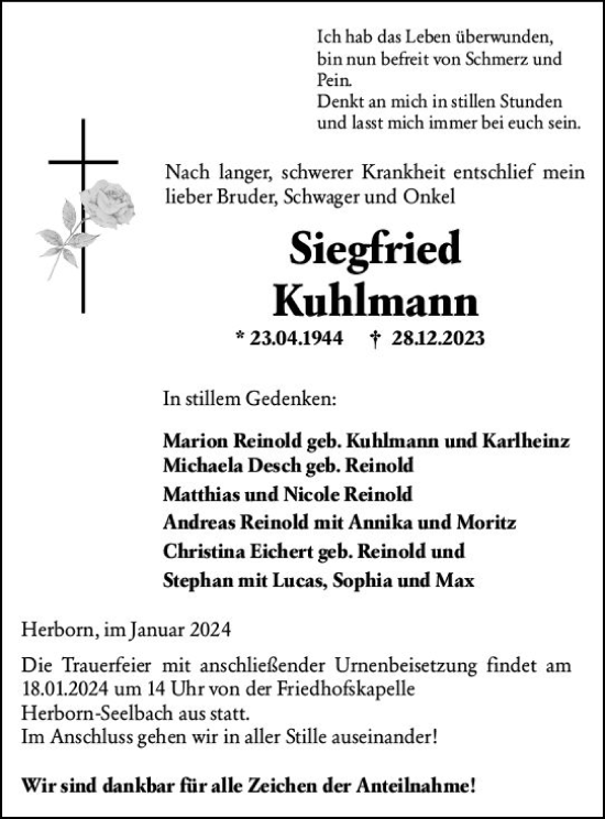 Traueranzeige von Siegfried Kuhlmann von Dill Block