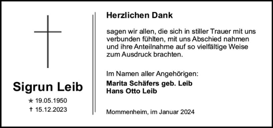 Traueranzeige von Sigrun Leib von Allgemeine Zeitung Mainz