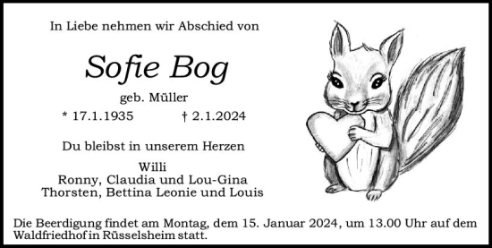 Traueranzeige von Sofie Bog von Rüsselsheimer Echo