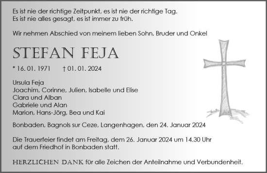 Traueranzeige von Stefan Feja von Wetzlarer Neue Zeitung