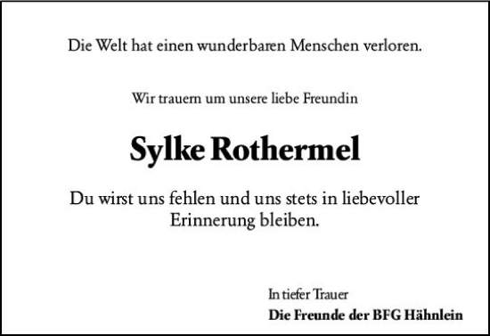 Traueranzeige von Sylke Rothermel von Darmstädter Echo