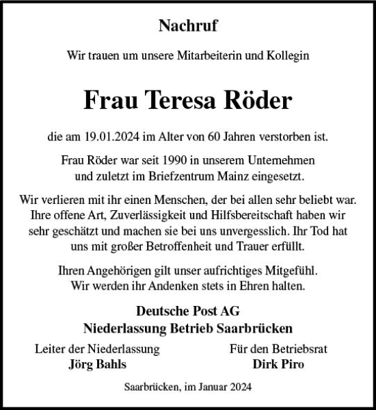Traueranzeige von Teresa Röder von Allgemeine Zeitung Mainz