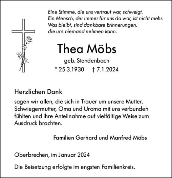 Traueranzeige von Thea Möbs von Camberger Anzeiger