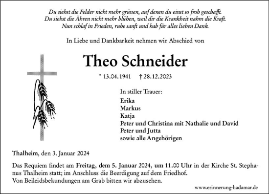 Traueranzeige von Theo Schneider von Nassauische Neue Presse