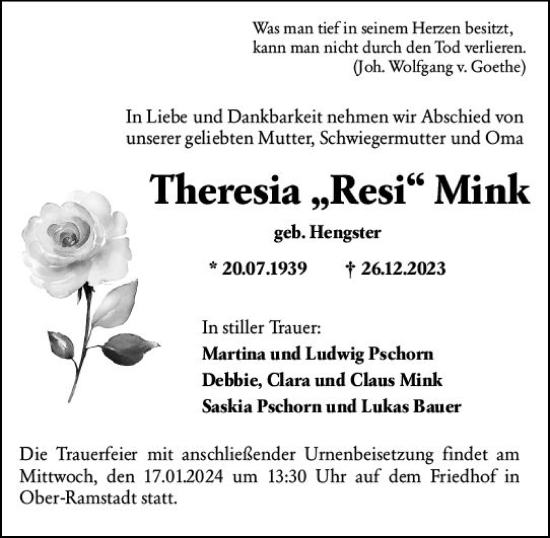 Traueranzeige von Theresia Mink von Darmstädter Echo