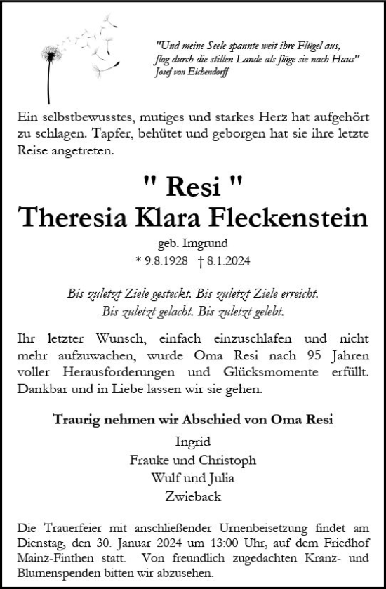 Traueranzeige von Theresia Klara Fleckenstein von Allgemeine Zeitung Mainz