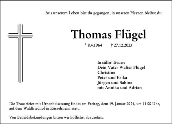Traueranzeige von Thomas Flügel von Rüsselsheimer Echo