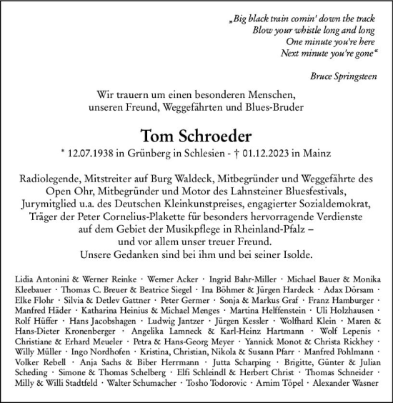 Traueranzeige von Tom Schroeder von Allgemeine Zeitung Mainz