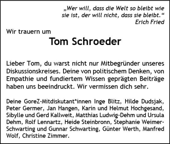 Traueranzeige von Tom Schroeder von Allgemeine Zeitung Mainz