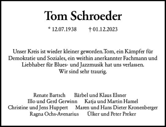 Traueranzeige von Toni Schroeder von Allgemeine Zeitung Mainz
