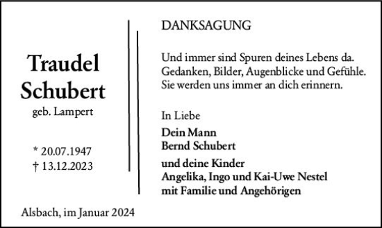 Traueranzeige von Traudel Schubert von Darmstädter Echo