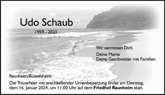 Traueranzeige von Udo Schaub von Rüsselsheimer Echo