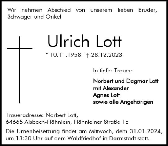 Traueranzeige von Ulrich Lott von Darmstädter Echo