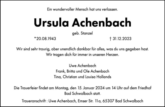 Traueranzeige von Ursula Achenbach von Wiesbadener Kurier