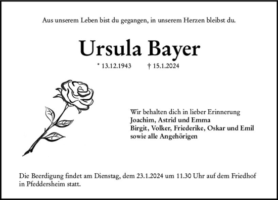 Traueranzeige von Ursula Bayer von Wormser Zeitung
