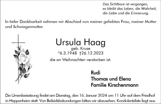 Traueranzeige von Ursula Haag von Starkenburger Echo