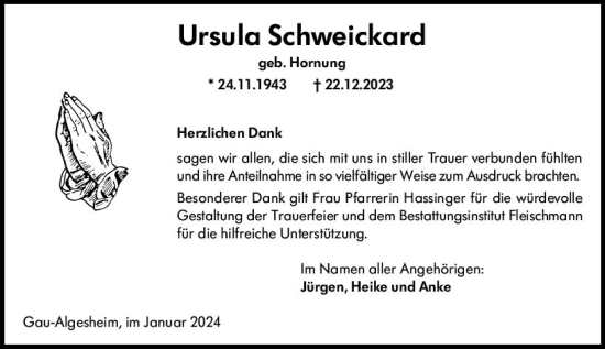 Traueranzeige von Ursula Schweickard von Allgemeine Zeitung Bingen/Ingelheim