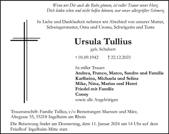 Traueranzeige von Ursula Tullius von Allgemeine Zeitung Bingen/Ingelheim