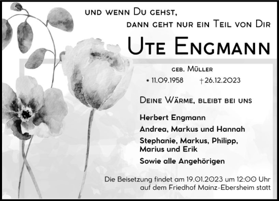 Traueranzeige von Ute Engmann von Allgemeine Zeitung Alzey
