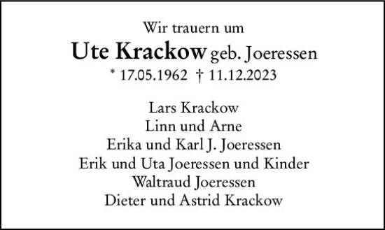 Traueranzeige von Ute Krackow von Allgemeine Zeitung Mainz