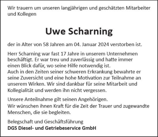 Traueranzeige von Uwe Scharning von Allgemeine Zeitung Mainz
