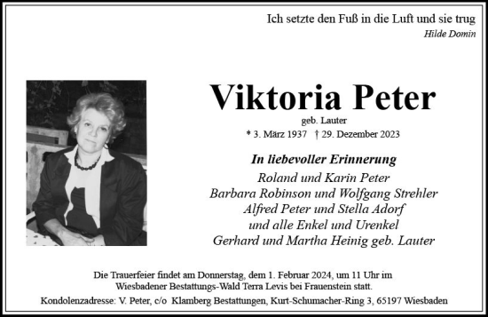 Traueranzeige von Viktoria Peter von Wiesbadener Kurier