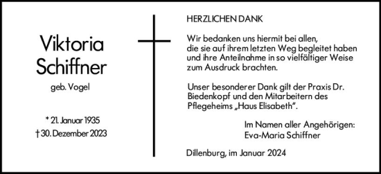 Traueranzeige von Viktoria Schiffner von Dill Block