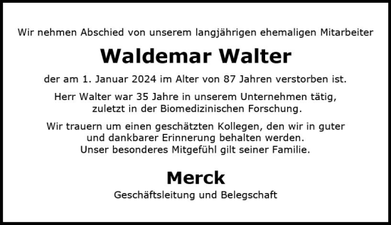 Traueranzeige von Waldemar Walter von Darmstädter Echo