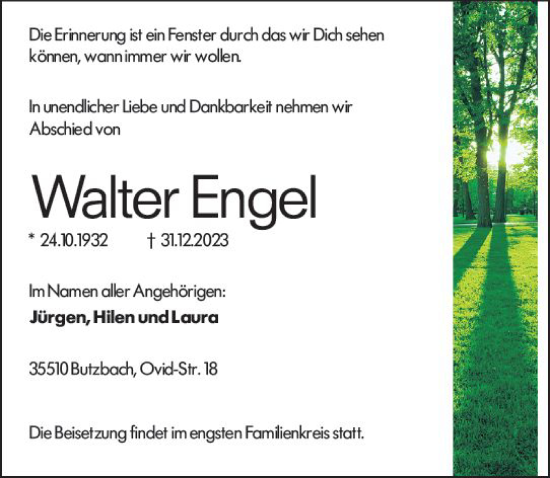 Traueranzeige von Walter Engel von Rüsselsheimer Echo