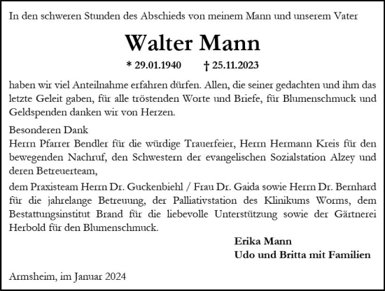 Traueranzeige von Walter Mann von Allgemeine Zeitung Alzey
