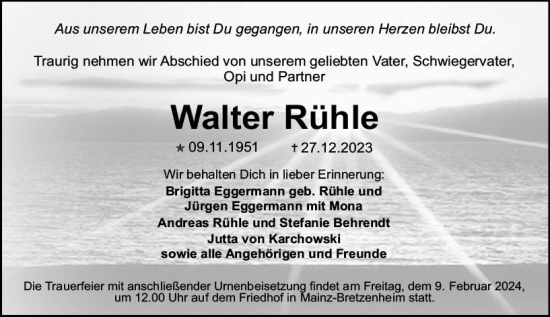 Traueranzeige von Walter Rühle von Allgemeine Zeitung Mainz