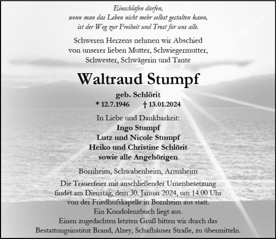 Traueranzeige von Waltraud Stumpf von Allgemeine Zeitung Alzey