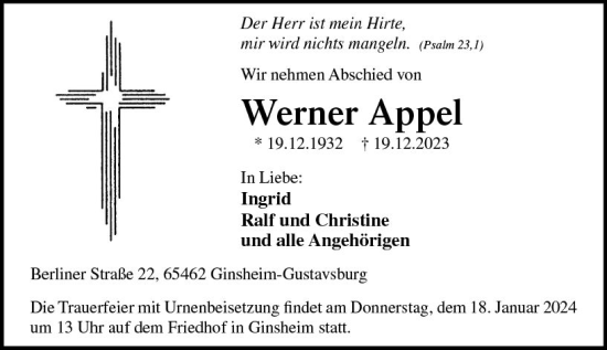 Traueranzeige von Werner Appel von Allgemeine Zeitung Mainz