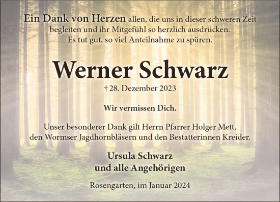 Traueranzeige von Werner Schwarz von Wormser Zeitung