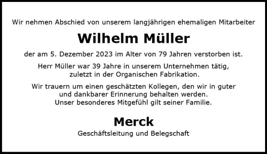 Traueranzeige von Wilhelm Müller von Darmstädter Echo