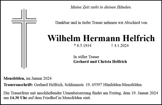 Traueranzeige von Wilhelm Hermann Helfrich von Nassauische Neue Presse