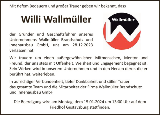 Traueranzeige von Willi Wallmüller von Allgemeine Zeitung Mainz