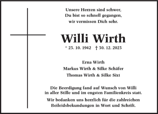 Traueranzeige von Willi Wirth von Rüsselsheimer Echo