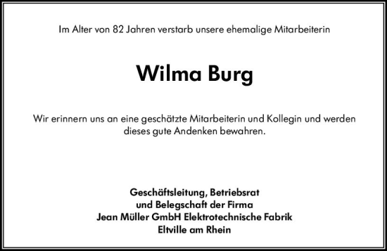 Traueranzeige von Wilma Burg von Rheingau Kurier