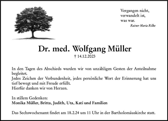 Traueranzeige von Wolfgang Müller von Allgemeine Zeitung Mainz