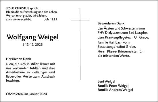 Traueranzeige von Wolfgang Weigel von Hinterländer Anzeiger