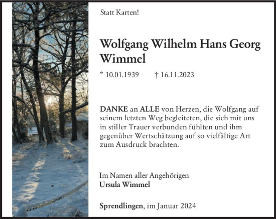 Traueranzeige von Wolfgang Wilhelm Hans Georg Wimmel von Allgemeine Zeitung Bingen/Ingelheim